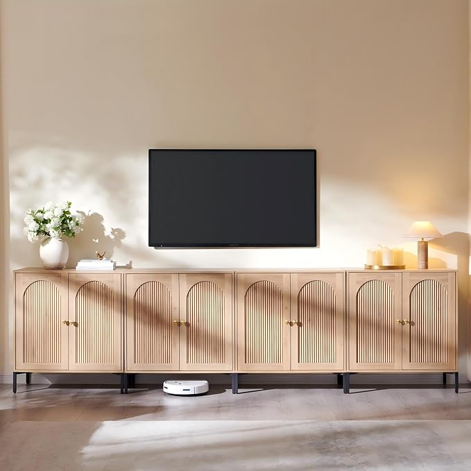IFGET 123.5" W Modern Arched Sideboard Buffet Cabinet with Storage, Natural | Fluted Arch Sideboard Cabinet w/Adjustable Shelves, Wooden Modular Kitchen Cabinet for Dining& Living Room, Entryway
