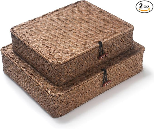 Seagrass Storage Baskets with Lids, Flat Wicker Basket, Shallow Woven Basket for Shelf, Decorative Storage Boxes for Organizing (Coffee)