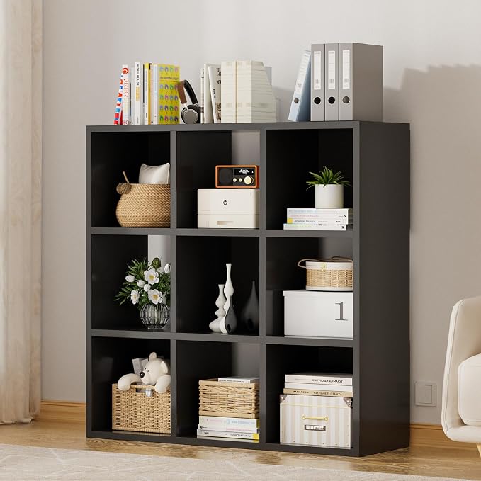 COMHOMA 9 Wood Cube Storage Organizer with Open Back and Removable Back Panels, 11In Black Cube Storage Bookshelf, Cubicle Shelf Bookcase for Home Office Bedroom Living Room, Vertical or Horizontal