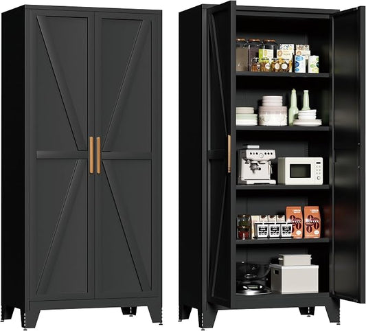 71"H Kitchen Pantry Storage Cabinet,Metal Black Food Pantry with 2 Door and 4 Adjustable Shelves,Laundry Room Freestanding Cabinet,Tall Hutch Cabinet,Large Farmhouse Cupboard for Dining Living Room