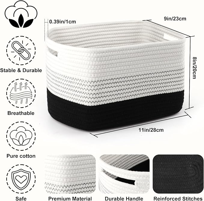 4 Pack Storage Baskets for Organizing, 11''Lx9''Wx8''H Woven Baskets for Storage Toys, Towels, Books, and Clothes, Cotton Rope Basket for Shelves with Handle