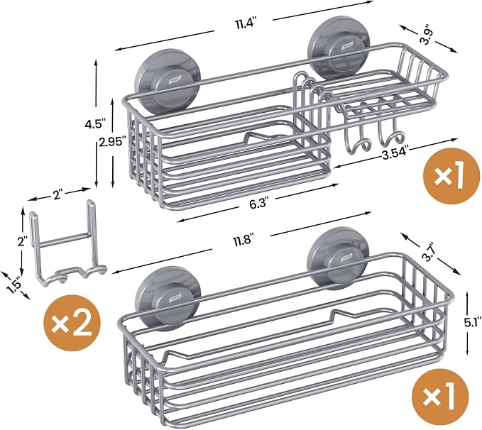LEVERLOC Shower Caddy Suction Cup, 2 Pack Shelves for Inside with Hooks | Grey Shower Storage, Soap Holder, Shampoo Holder, NO Drill Shower Holder, Rustproof Meatl Bathroom Basket