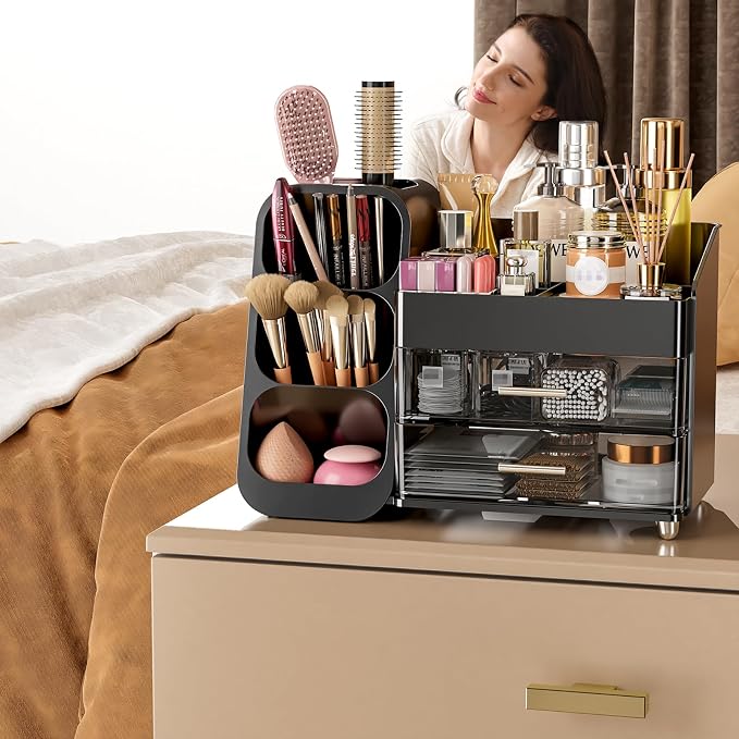 Makeup Organizer with Drawers for Vanity Bathroom Counter Organizers and Storage, Large Skincare Organizer with Brush Toothbrush Holder for Perfume, Nail Polish, Dresser, Office Supplies, Black