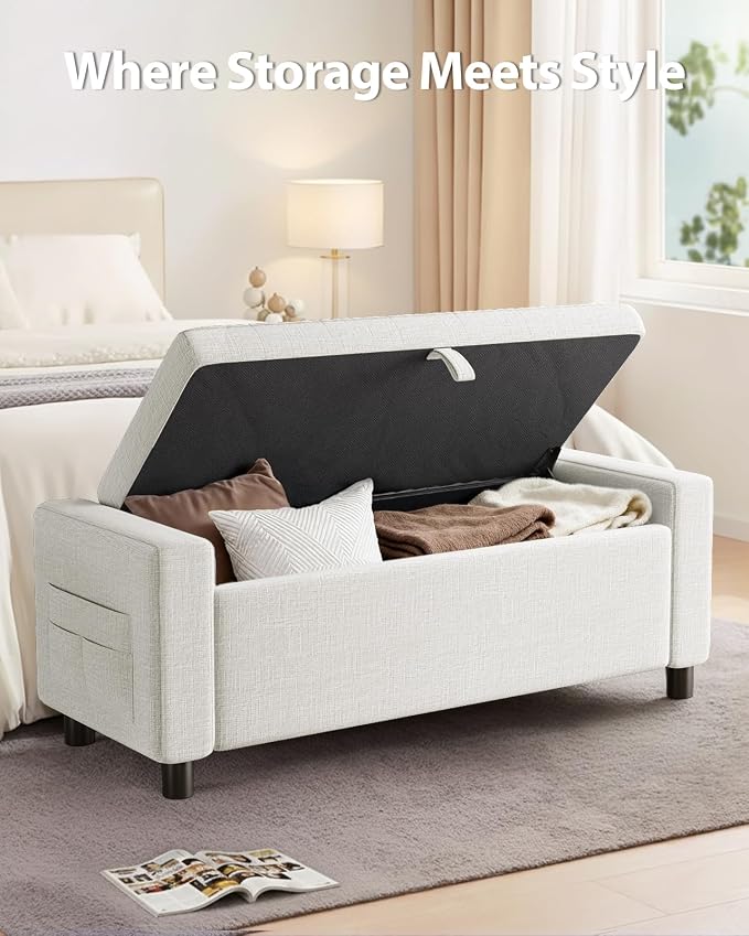 Amada 46" Ottoman with Storage, Side Pocket, Safety Hinge, Beige | 30 gallon (112 liter) hidden storage, holds 400 lbs, 0.35" thicker wood panels, 3.14" thick foam, for end of bed, living room