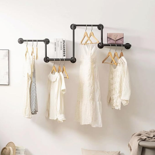 Industrial Pipe Clothing Rack, Wall Garment Rack, Hanging Clothes Rack | Heavy Duty Iron Clothes Bar/Rod, Space-Saving Clothing Hanging Rails with 2 Shelves for Closet Home Bedroom Retailer Laundry