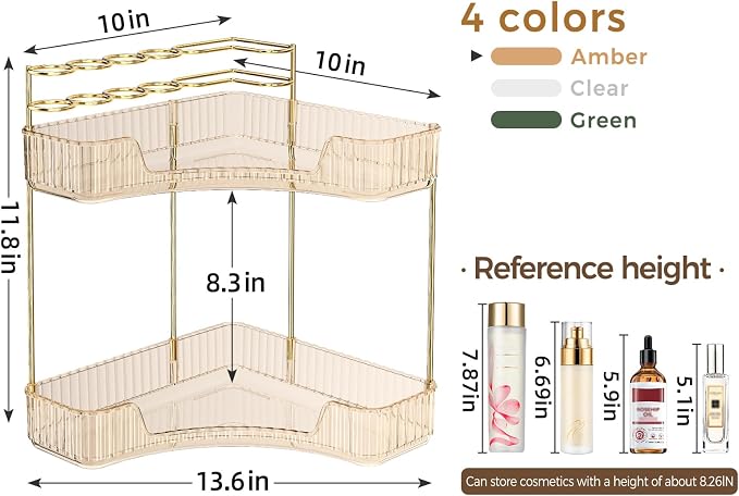 BEFSOP Corner Bathroom Counter Organizer, Upgraded 2-Tier Makeup Organizer Countertop with Makeup Brush Holder, Skincare Exquisite Vanity Organizers Countertop Bathroom Storage Dresser(GOLD)