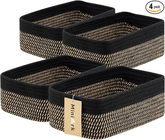 MiniArk Small Storage Baskets for Organizing | Closet Organizer Bins | Shelf Toy Basket | Woven Rope Baskets | Cube Decorative Box | Shallow Basket | 11.5x7.5x4.7” | 4 Packs Black Brown