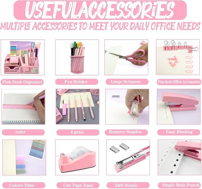 Pink Office Supplies, 17Pcs Pink Desk Accessories Set Include Stapler, Mesh Desk Organizer, Tape Dispenser, Staple Remover, Pen Holder, Clips, Pens, Ruler, for Office Home School Women Students Gift
