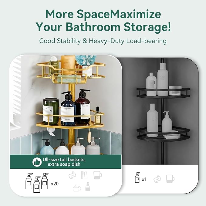 Corner Shower Caddy Tension Pole, 4 Tier Rustproof Shower Tension Rod Organizer, Adjustable 25-125 Inch Bathroom Shower Organizer Shelves for Bathtub Shampoo Storage, Gold
