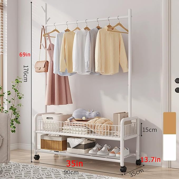 MYUPDALIN Clothes Rack with Shelves, Clothing Rack with Wheels, Multifunctional Hangers with Storage Baskets and Shoe Racks, Ideal for Bedrooms and Living Rooms (White, Bold 90cm/35in)