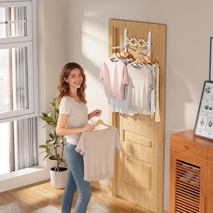 Over The Door Hooks with 7 Wood Hooks, Foldable Collapsible Clothes Drying Rack & Towel Hanger, Space-Saving Door Organizer for Laundry, Coat, Bedroom, Dorm and Bathroom