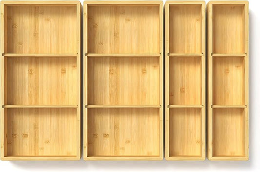 DUJEN 4 Packs Bamboo Drawer Organizer, Adjustable 3 Individual Junk Drawer organizer for Bathroom and Kitchen, Wood Drawer Organier Boxes for Jewellery, Make up and Tea Bag