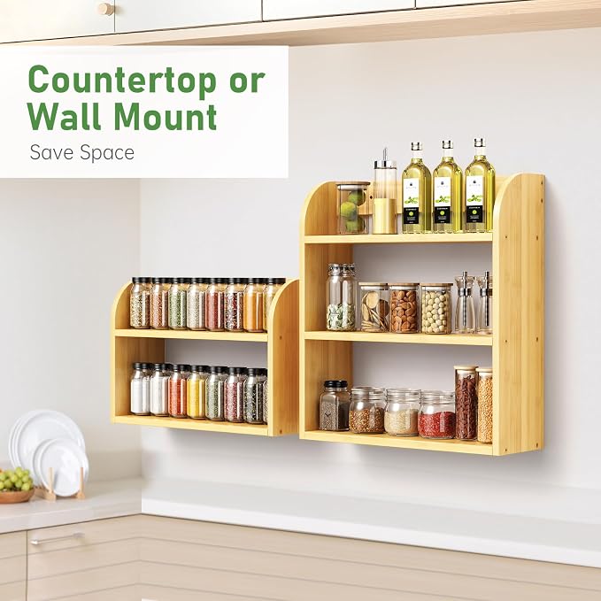 ROMGUAR CRAFT 3 Tier Bamboo Spice Rack, Countertop or Wall Mounting Wood Spice Jars Organizer Shelf for Kitche, Pantry (Natural)