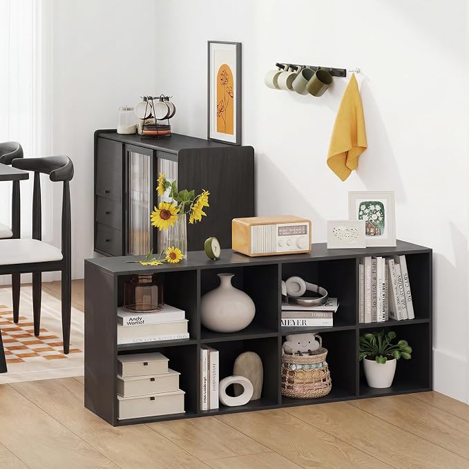 Giantex 8-Cube Bookcase, 3-Tier Cubby Bookshelf, Horizontal Vertical Display Rack with Anti-Tipping Kits, Modern Storage Organizer Shelf Unit for Bedroom, Living Room, Study (Black, 8-Cube)