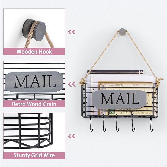 SRIWATANA Mail Organizer Wall Mount, 5 Key Hooks, Small, Weathered Grey | Mail Holder Key Holder for Wall, Hanging Mail Sorter, Letter Basket for Receipts Bills Envelopes, Home & Office Organizer