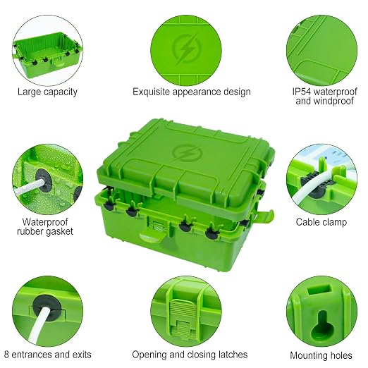 Large Outdoor Electrical Box Waterproof, IP54 Extension Cord Cover Weatherproof Outdoor Outlet Covers, Protect Power Strip, Timer Outlet, Plug, Socket, Holiday Light, Green (12 x 9X 5 inch)