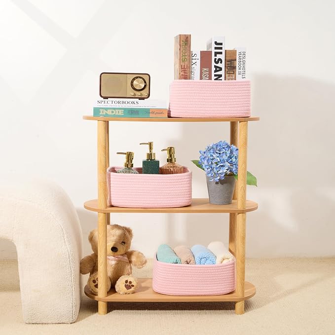 MiniArk Small Storage Baskets for Organizing | Closet Organizer Bins | Shelf Toy Basket | Woven Rope Baskets | Cube Decorative Box | Shallow Basket | 11.5x7.5x4.7” | 3 Packs Light Pink