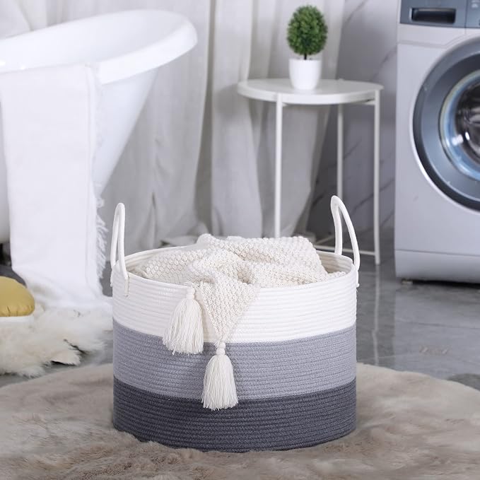 KAKAMAY Large Blanket Basket (20"x13"),Woven Baskets for storage Baby Laundry Hamper,Cotton Rope Blanket Basket for Living Room, Laundry, Nursery, Pillows, Baby Toy chest with Handles (White/Grey) | Extra Large Capacity | Natural Cotton Rope | Blanket ...