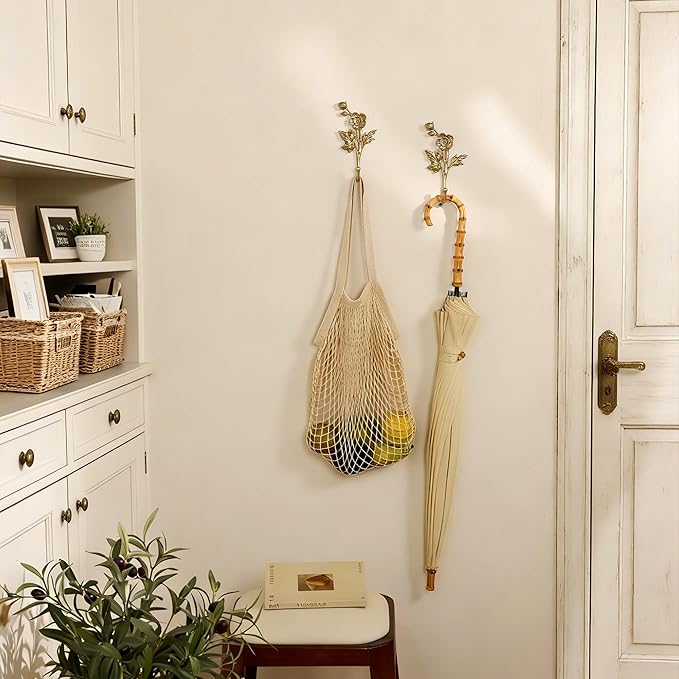 SOFFEE DESIGN 2pcs Metal Gold Coat Hooks with 3D Flowers & Buds Shape, for Entryway, Bathroom, Bedroom Home Decoration