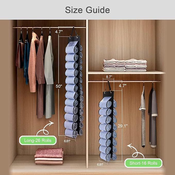 DHSFKBE Legging Organizer Storage - 2PCS T Shirt Organizer, Hanging Closet Organizers and Storage with 26 Roll Independent Compartments for Yoga Pants, Towel, Bathing Suit (Black)