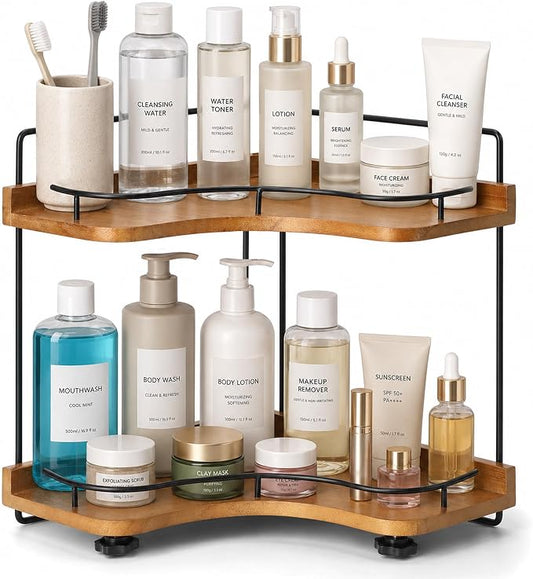 2-Tier Bathroom Counter Organizer, Solid Wood Corner Shelf for Vanity Countertop, Skincare & Makeup Storage Organizer with Metal Frame, Kitchen Counter Storage, Walnut