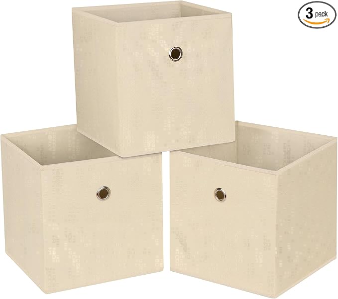 Foldable Storage Cubes Bins ,11 Inch Cloth Storage Cube Fabric Storage Box Cubes Organizer Baskets with Handles for Home Organizer Set of 3 (Creamy-White)