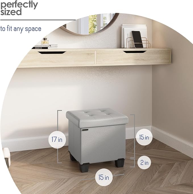 Storage Ottoman Cube with Small Bin, 15-in Square Ottoman with Storage for Living Room and Bedroom, Small Ottomans Foot Rest, Leather Foot Stools Ottomans Max 330lbs, Light Grey