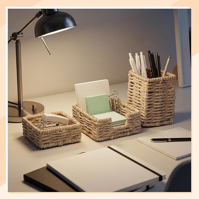 Khaki Paper Rope Woven Desk Organizer Set of 3 Natural Desktop Accessories Pencil Pen Cup Paper Clip Storage and Sticky Note Holder for Women Men Farmhouse Office Home Desktop Table Decor
