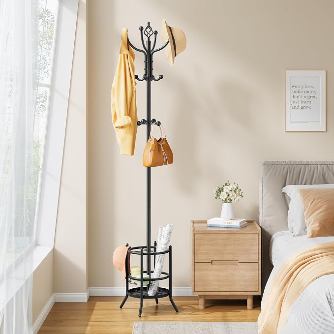 Tajsoon Coat Rack with Umbrella Holder, Coat Stand With 16 Hooks, Black | 2-In-1 Design, Coat Tree Freestanding, Durable & Stable, Space-Saving, For Living Room, Bedroom, Office
