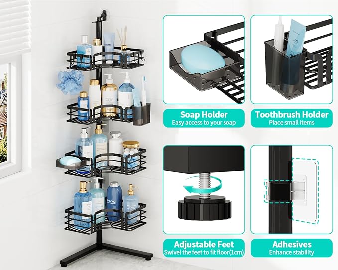 HapiRm Corner Shower Caddy Stand - 4-Tier Adjustable Shower Shelves, Black | Rustproof Stainless Steel, 4 Hooks, Soap and Toothbrush Holders, Large Capacity Shower Organizer for Tall Bottles, No-drill