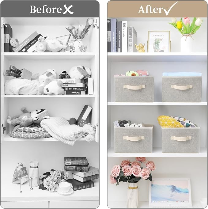 Storage Baskets, 11-Inch Woven Fabric Bins, Storage Cubes with Reinforced Handles, Organizer Bins for Closet Shelves, Foldable, for Toys, Clothes, Natural Beige (4PCS/Beige-11*11*7.8inch)