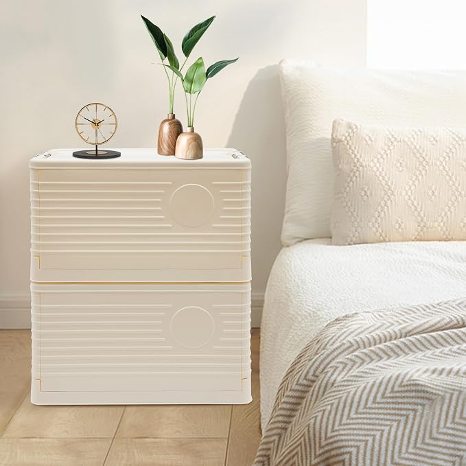 Yykniey Foldable Storage Bins with Wheels, 2 Pack Stackable Collapsible Storage Box Organizer for Closet Bedroom Living Room, Cream White
