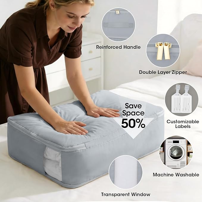 2 Pack Comforter Storage Bag, 136L Blanket Storage Bags Self Compression Comforter Organizer and Storages, Space Saving Washable Compression Bags for Blanket Bedding Pillow Duvet Quilt, Grey
