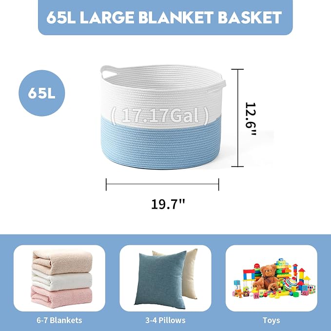 Foldable Laundry Hamper Basket with Collapsible Handle Cotton Rope Soft Woven Fabric Storage Organizer Clothes Toys Nursery Bedroom Dorm Space Saving Bin (White & Blue, 65L(19.7"D x 12.6"H))