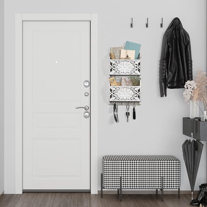 2-Slot Mail Organizer Wall Mount with 4 Hooks | Rustic Key and Mail Holder for Home Decorative, Wooden Key Hangers Wall File Organizer Letter Sorter for Letter Magazines