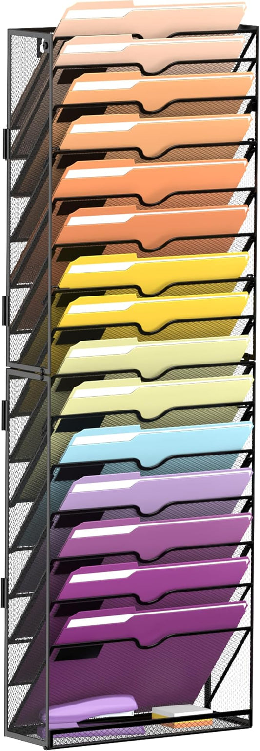 SUPEASY 16-Tier Hanging Wall File Holder Organizer for Papers, Folders, Files Clipboard & Magazine Organization Great for Office Home, Assembly Needed, Black | Paper, Folder, Magazine Rack Great for Office Home School, Assembly Needed, Black