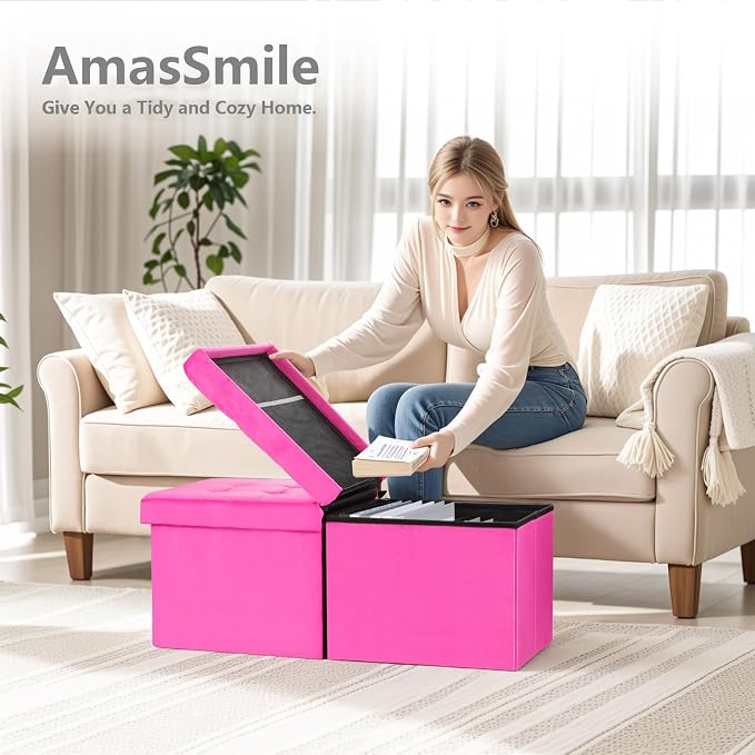 AmasSmile Footrest Ottoman Storage Bench,34" Velvet Folding Stool,Rose Red | Large Ottoman with Storage, Thicker Foam Padded Seat, Livingroom, Dorm, Bedroom, Entryway, Easy to install, 34 x 13 x 13in