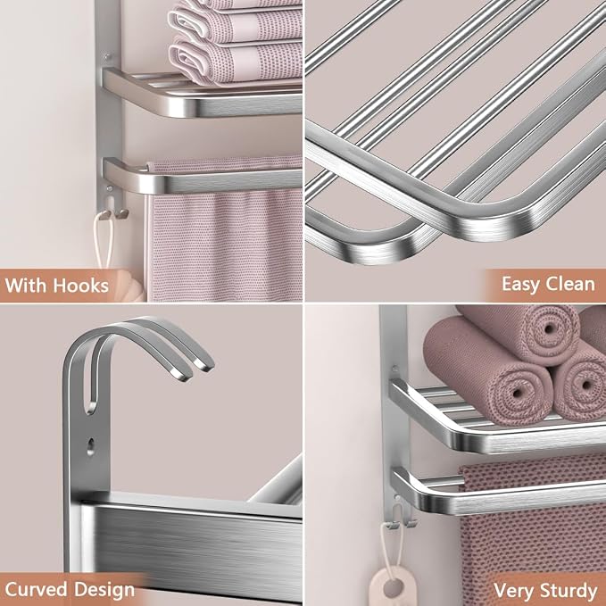 23" Towel Racks for Bathroom with Towel Bars, 3 Tier Hotel Towel Shelf Stainless Steel Wall-Mounted Holder with Towel Shelves Brushed Nickel