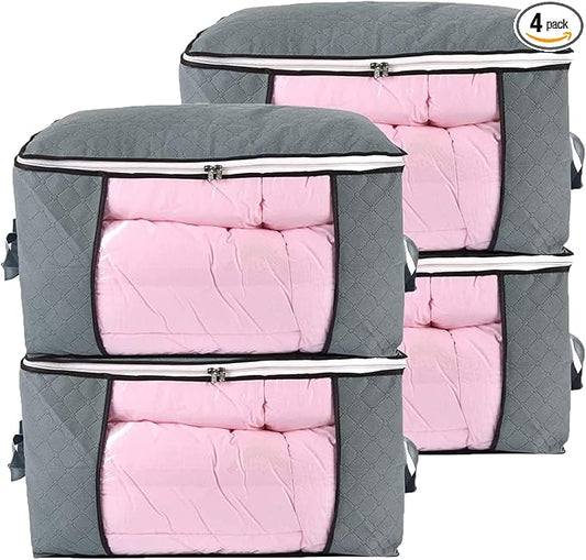 combocube Comforter Storage Bag, Zippered Bag with Large Clear Window and Carry Handles, Space Saver Organizers for Closet, Blanket, Pillow, Quilt, Bedding, Clothes (4Pcs Grey Large)