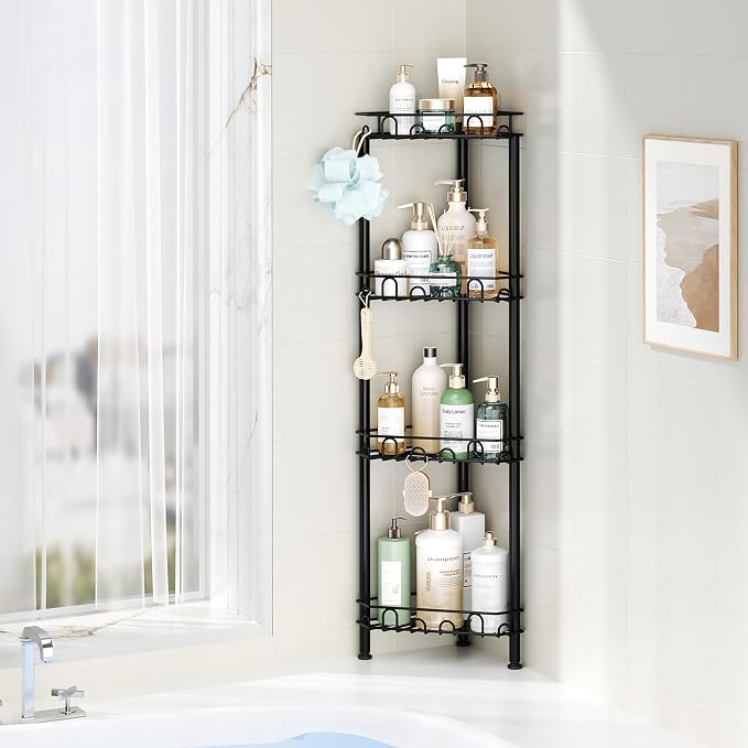 SWTYMIKI Standing Shower Caddy Corner - 4‑Tier Stainless Steel Shower Organizer Shelf with 16 Hooks and Adhesive Pads, Rustproof Corner Shelves Stand Rack for Bathroom Shower Room, Black