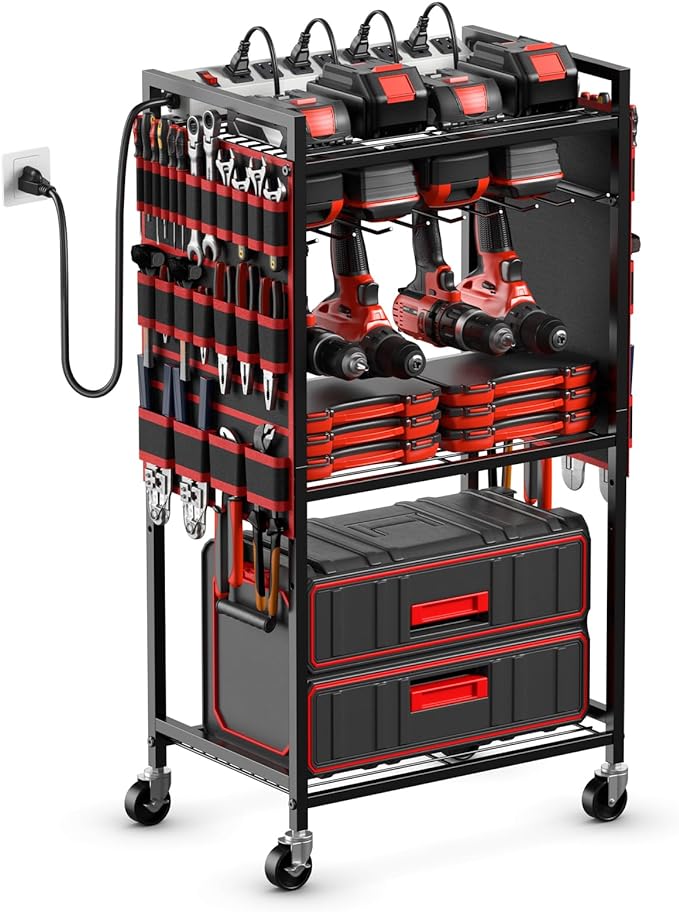 JUNNUJ Power Tool Organizer Cart with Charging Station, 6 FT Cord, Red | Floor Standing, Large Garage Rolling Storage Cart on Wheels, Heavy Duty Drill Battery Storage Rack, with 8 Outlet Power Strip