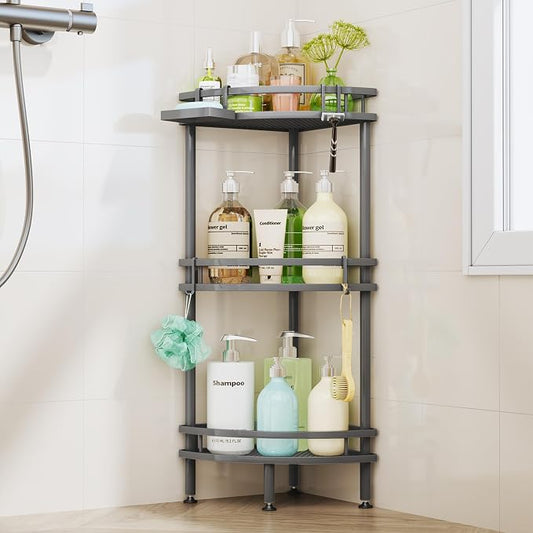 HapiRm Standing Corner Shower Caddy - 3 Tier Shower Organizer Corner with Soap Holder and 4 Hooks, Rustproof Bathroom Storage Shelves with Adhesives, Grey