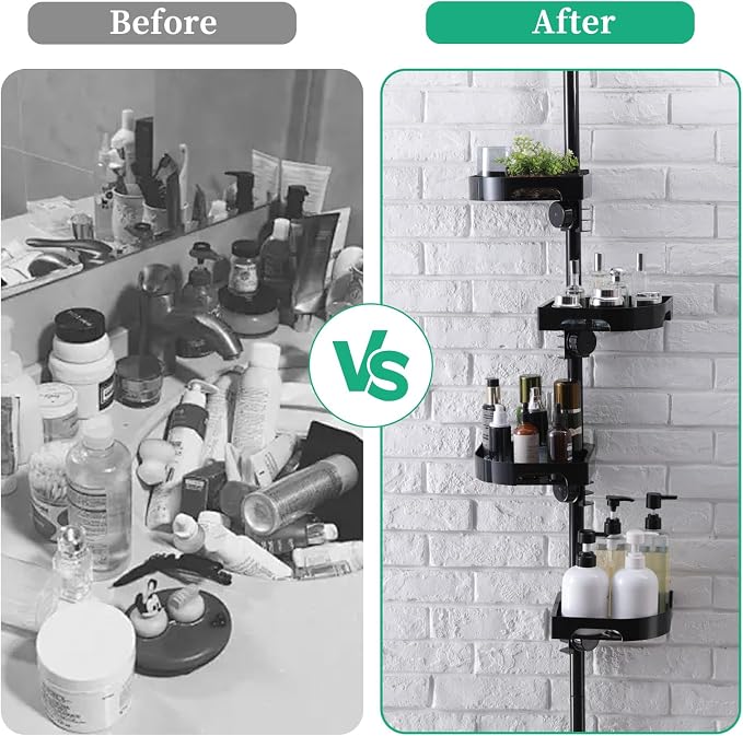 shuang qing 4-Tier Corner Shower Caddy Tension Pole Organizer - Adjustable Rustproof Metal Tension Pole, Plastic Shelves with Safety Guardrail, Bathroom Storage for Shower & Bathtub(Black)