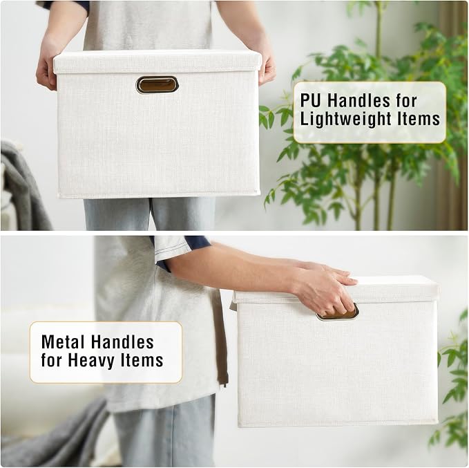 Roobyl 15" Large Collapsible Storage Bins with Lids, Stackable Closet Organizers with PU Handle and Labels, 3-Pack Decorative Fabric Storage Boxes for Home, Bedroom, Closet, Office, Nursery(White)