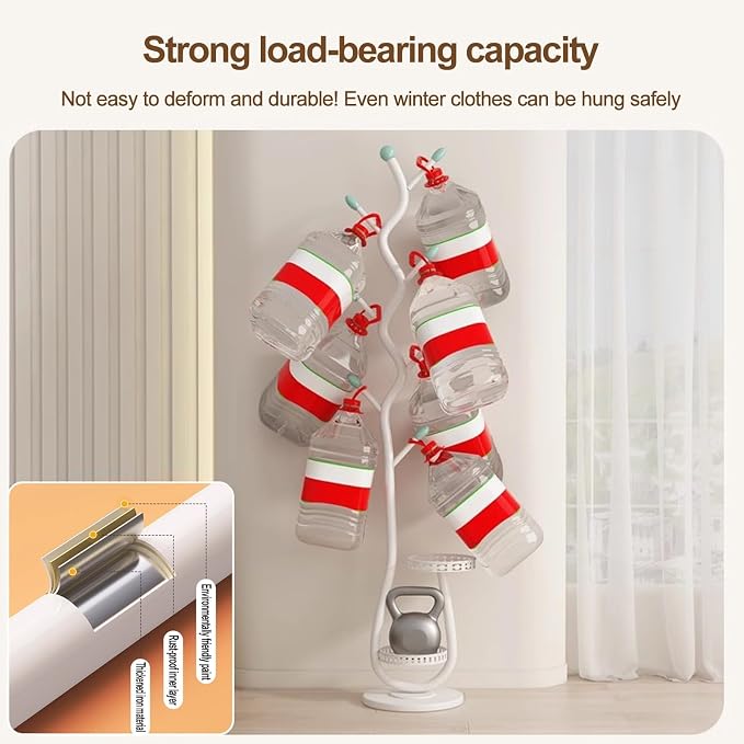 Metal Standing Coat Rack, Small Space Coat Rack Freestanding Hanger Coat Stand with Natural Metal Base & 8 Hooks, Tree-Shaped Coat Rack for Entryway, Hallway, Bedroom, can Hang Clothes, Hats (White)