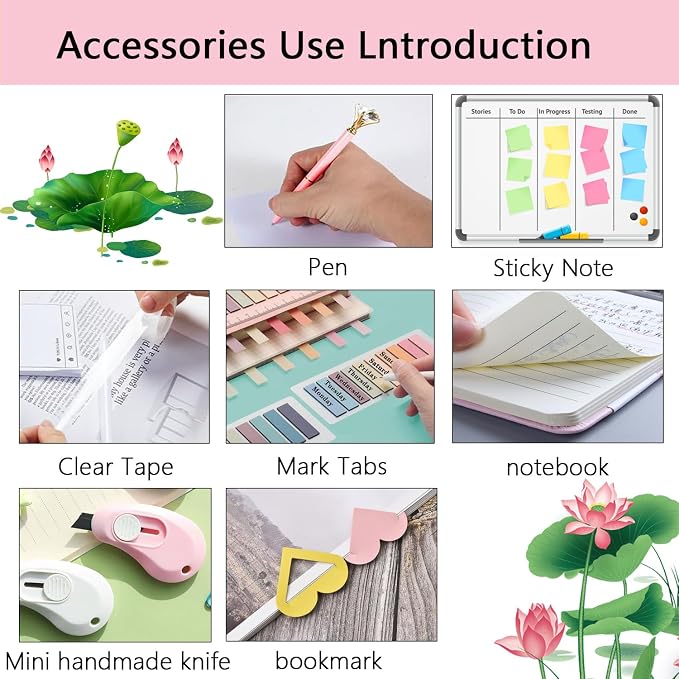 Office Supplies,Pink Desk Accessories,Desk Organizer,Stapler,Tape Dispenser,Folding Phone Stand,Scissors,Notebook,Staple Remover,Staples,Clear Tape,Sticky Notes,Clips,Cool Pen,Bookmark,Ect.22pcs