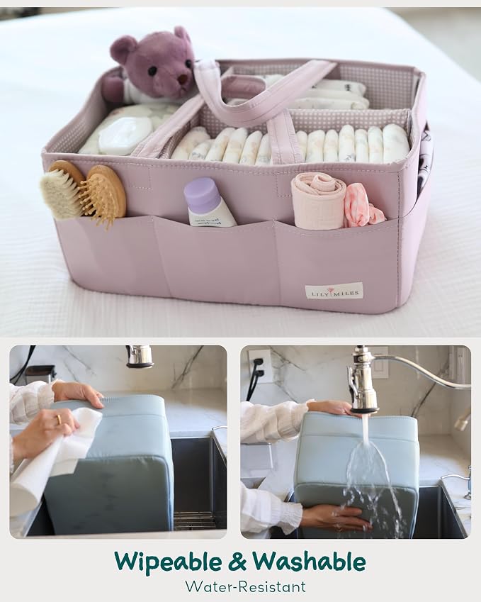 Baby Diaper Caddy Organizer, Wipeable Diaper Organizer Basket with 8 Pockets for Newborn Essentials, Baby Shower Gifts, Nursery Tote Bag for Changing Table or Car (Rosy Lilac, Large)