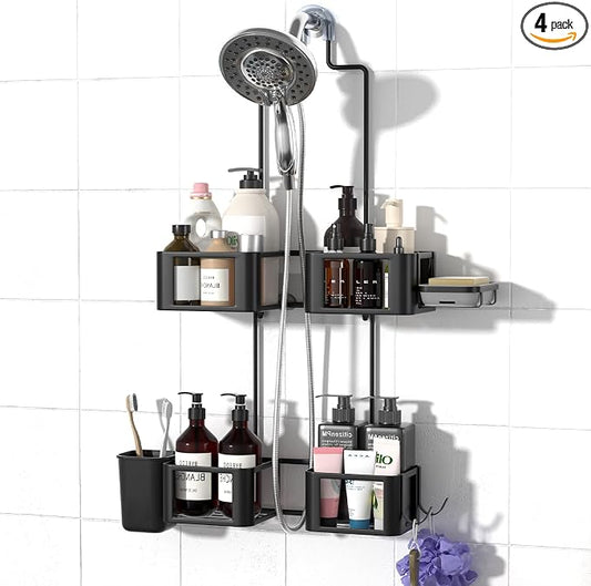 Haging Shower Caddy for Handheld Showerheads,Over Head Shower organizer | Rustproof,Soap Dish,Hooks,Toothbrush Holder,Anti-Swing Adhesive Strip &Suction Cup,For Bathroom,Apartment,RV,Dorm Use,Black