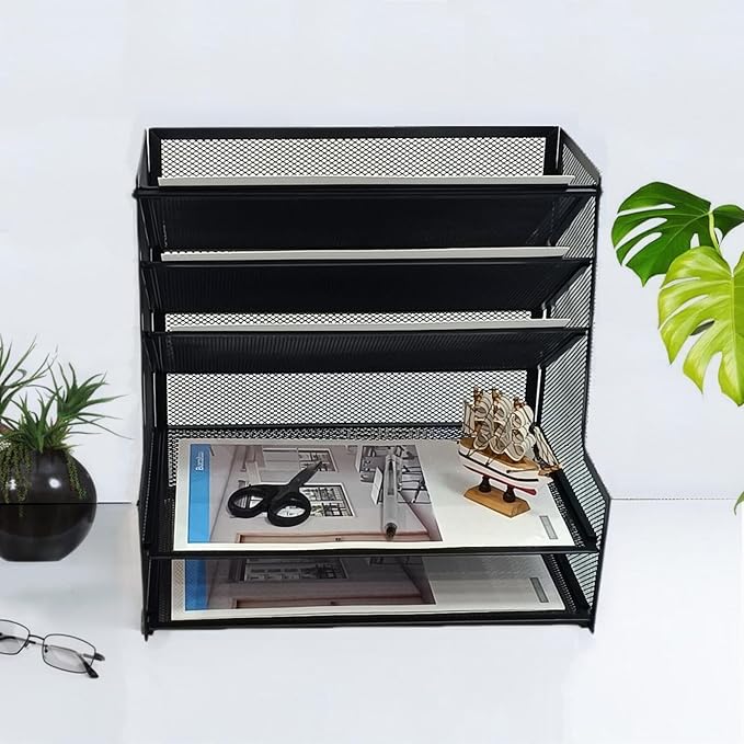 SETTFRFE 5-Tier Metal Desk File Organizer, File Tray Rack | 3 Slanted+2 Horizontal Paper File Holder for Office Supplies,Multi Layer Letter Tray,Home Office Desktop Storage Rack,Black