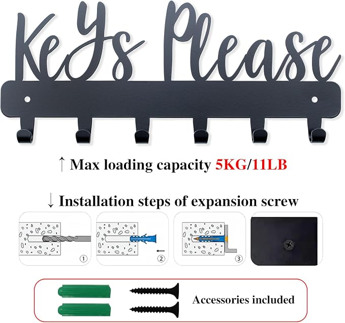 Keys Please Key Holder Wall Mounted, Normal Size: 11x4.57 inches | Black Metal Decorative Rack Hooks for Garage,Mudroom,Hallway,Entryway,Front Door,Office